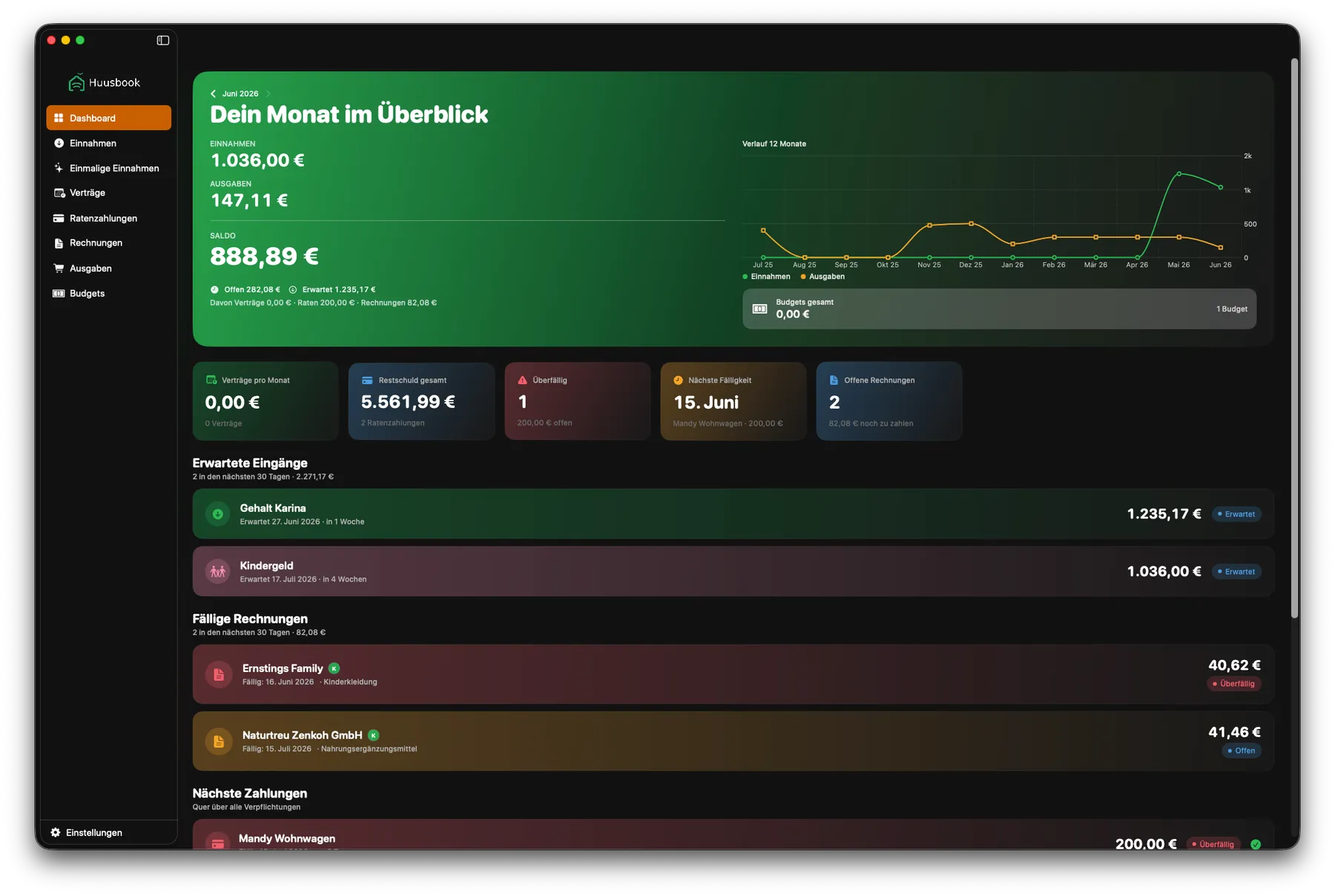 huusbook Dashboard auf dem Mac