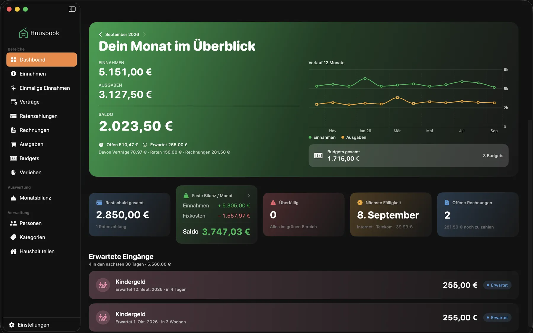 huusbook Dashboard auf dem Mac